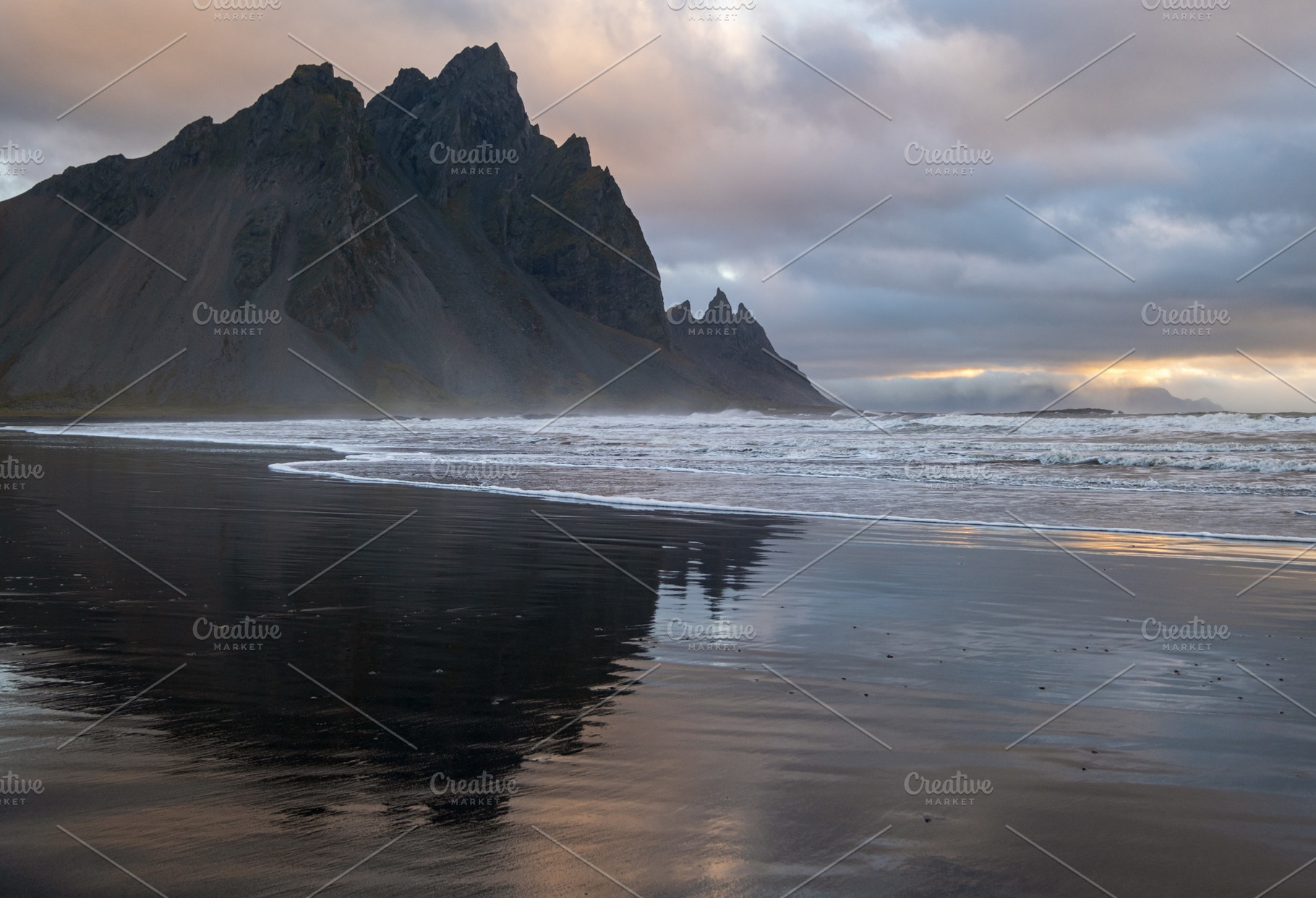Sunrise Stokksnes cape sea beach and Vestrahorn Mountain with it, a Nature Photo by YuriyB