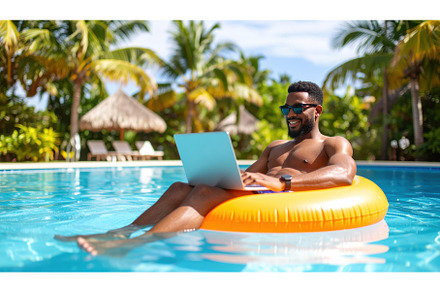 Man relaxing on an inflatable pool