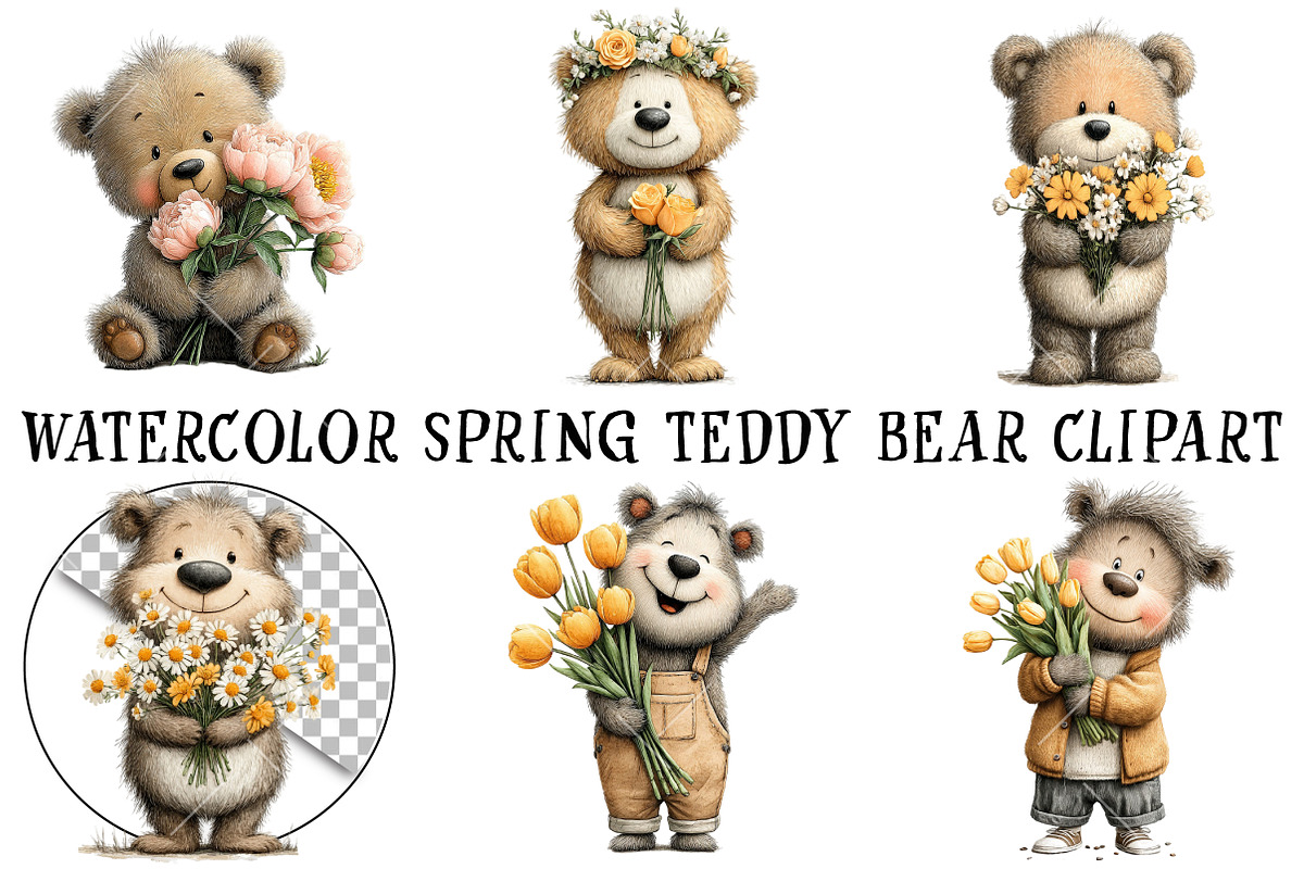 Watercolor Spring Teddy Bear Clipart, an Illustration by OK Design (Photo 2 of 6)