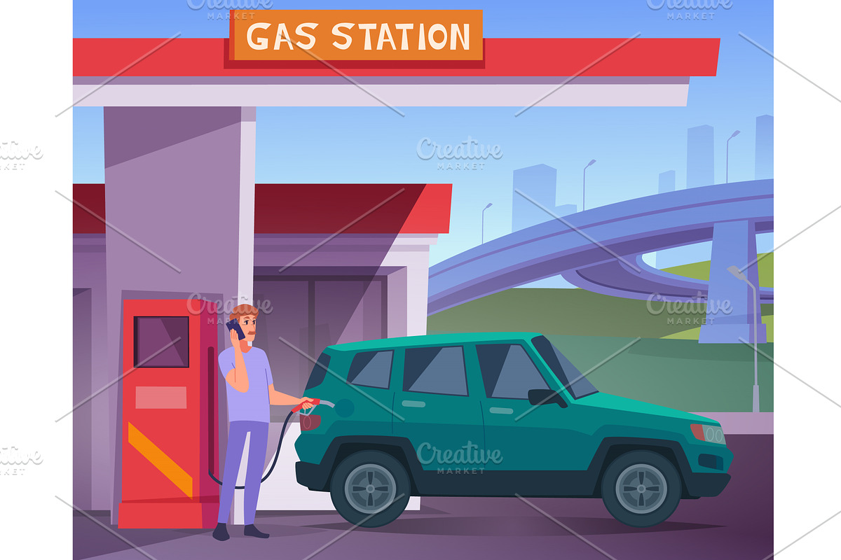 Gas station. cartoon background with, a Transportation Illustration by Onyx