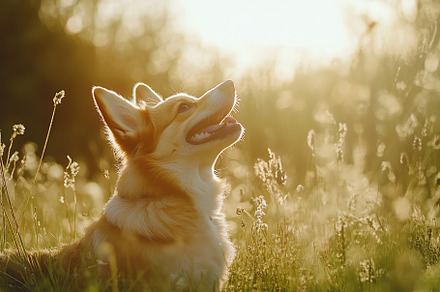 Portrait of a cute corgi dog having fun in a green meadow, an Animal Photo by AlyaAnd