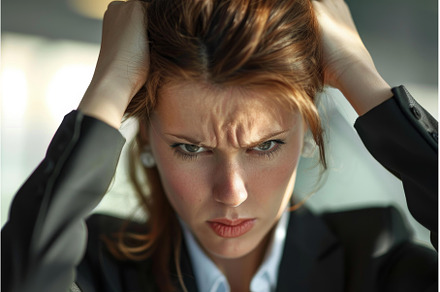 Stressed businesswoman pulling her, a Business Photo by Ylivdesign
