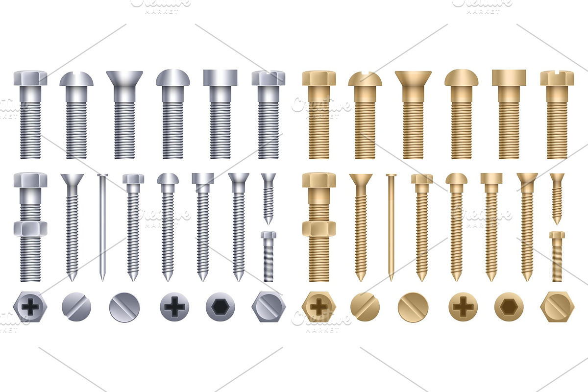 Steel brass bolts, metal screws, an Illustration by HAPPY VECTOR