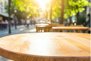 Outdoor cafe wooden tables lining a, a Nature Photo by Lermont51
