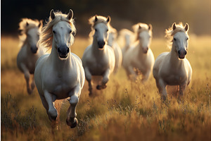 A group of white horses running, an Animal Illustration by Sergey Kotenev
