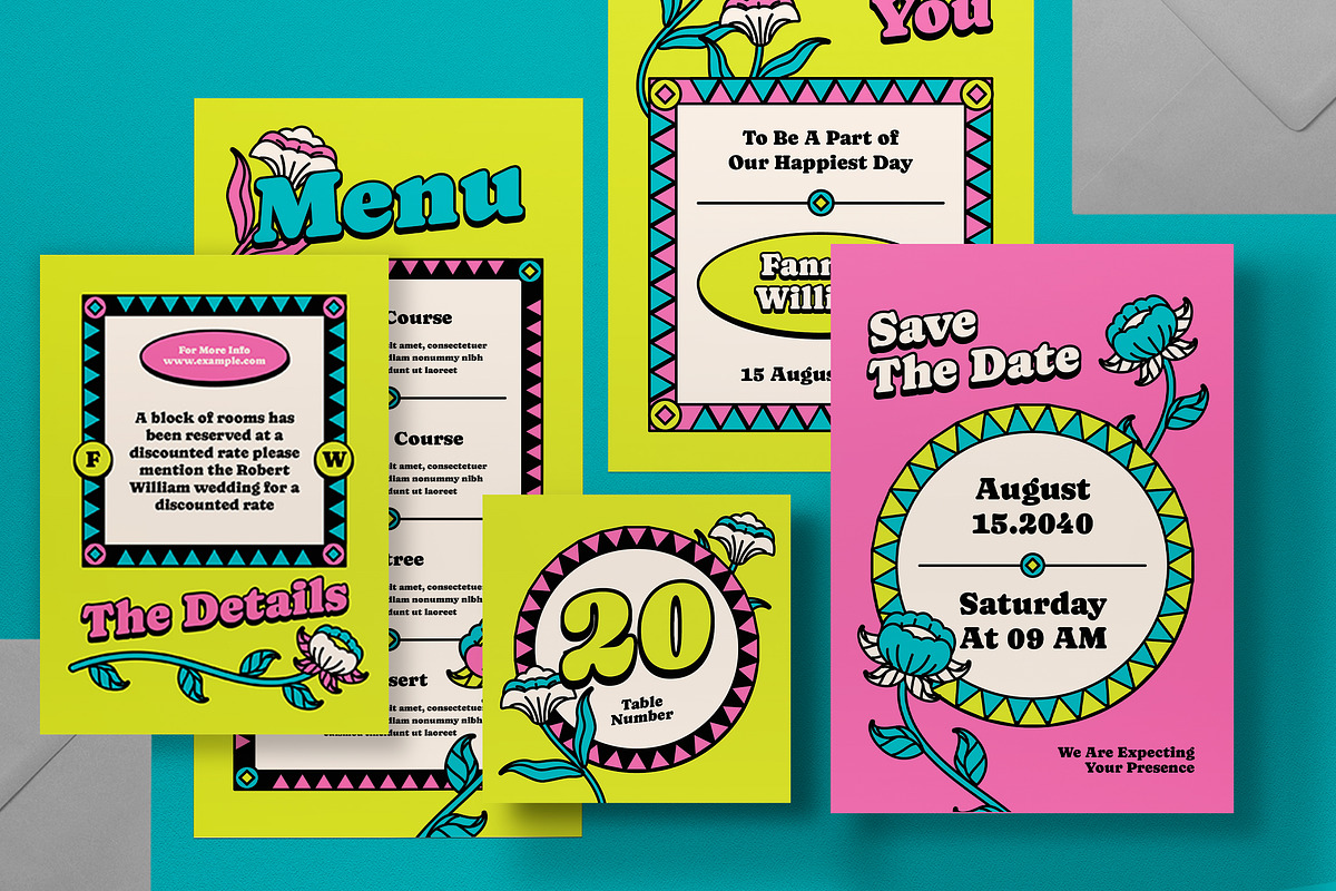 Pink Retro Wedding Invitation, an Invitation Template by graphicook (Photo 2 of 3)