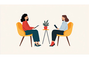 Two women sit across from each other, a Technology Illustration by Sergey Kotenev
