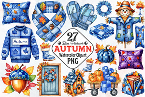 Blue Patchwork Autumn Clipart, an Illustration by RobertsArt
