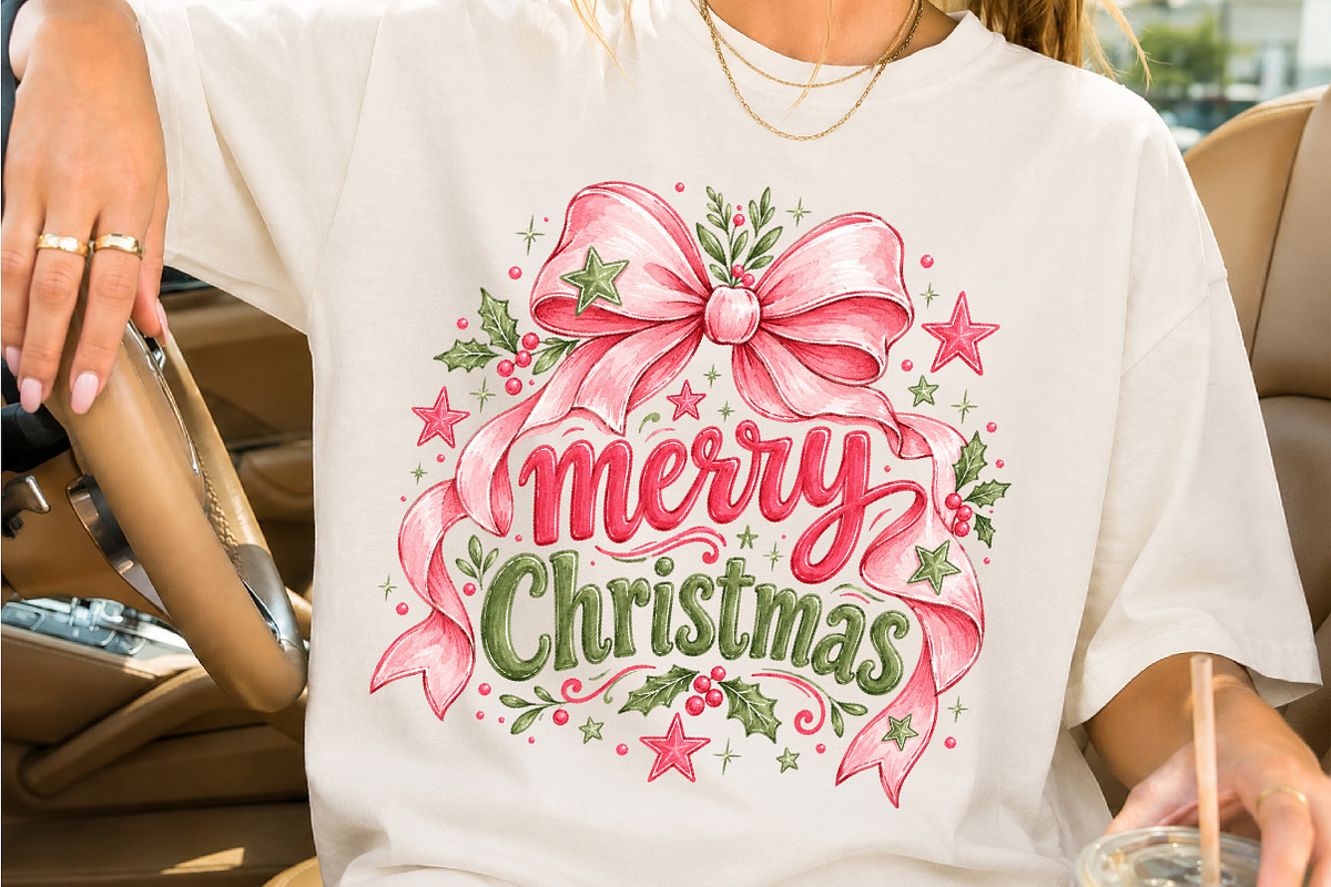 Merry Christmas Pink Bow & Stars PNG, a Seasonal Illustration by Creative Art (Photo 2 of 3)