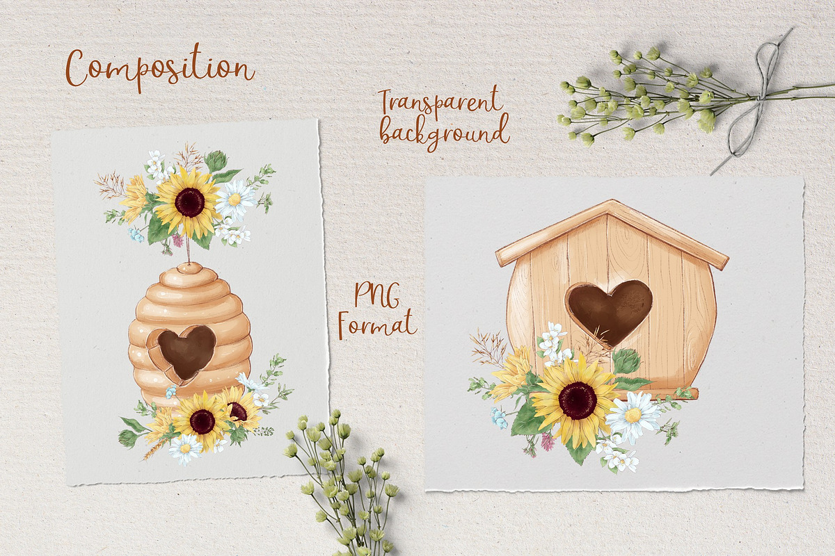 Bees & sunflowers Digital clipart., an Illustration by Yuliya Art (Photo 2 of 8)