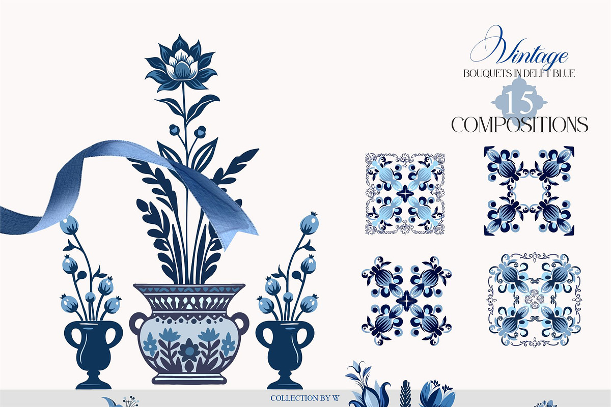 Vintage Bouquets In Delft Blue, a Decorative Illustration by Collection by VY (Photo 5 of 12)