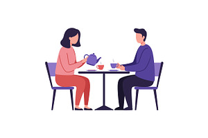 Engaging couple enjoying tea at a ta, an Illustration by designvectx
