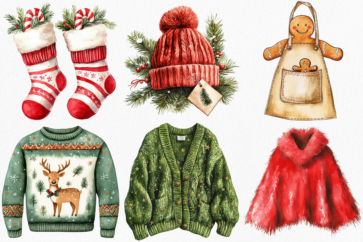 Watercolor Christmas Clothes Clipart, an Illustration by Canvas Craft (Photo 4 of 8)