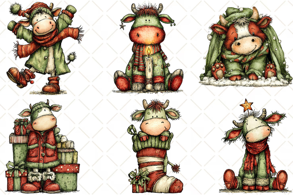 Whimsical Christmas Cow Clipart, an Illustration by Black Bird Studio (Photo 2 of 6)