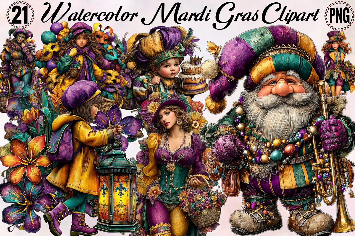 Watercolor Mardi Gras Clipart Bundl, an Illustration by SVGArt (Photo 1 of 8)