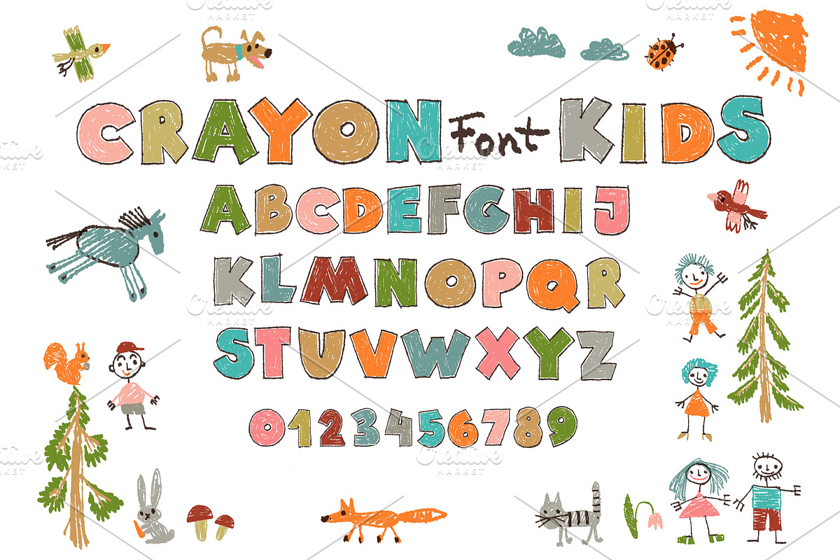 Crayon kids font. Color childish, an Object Illustration by YummyBuum