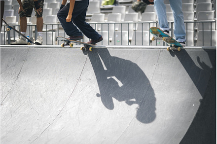 Two skaters chatting at the park., a Sports & Recreation Photo by Barcelona_dreams