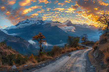 A winding dirt road leading towards, a Photo by LOGOCREATIVE