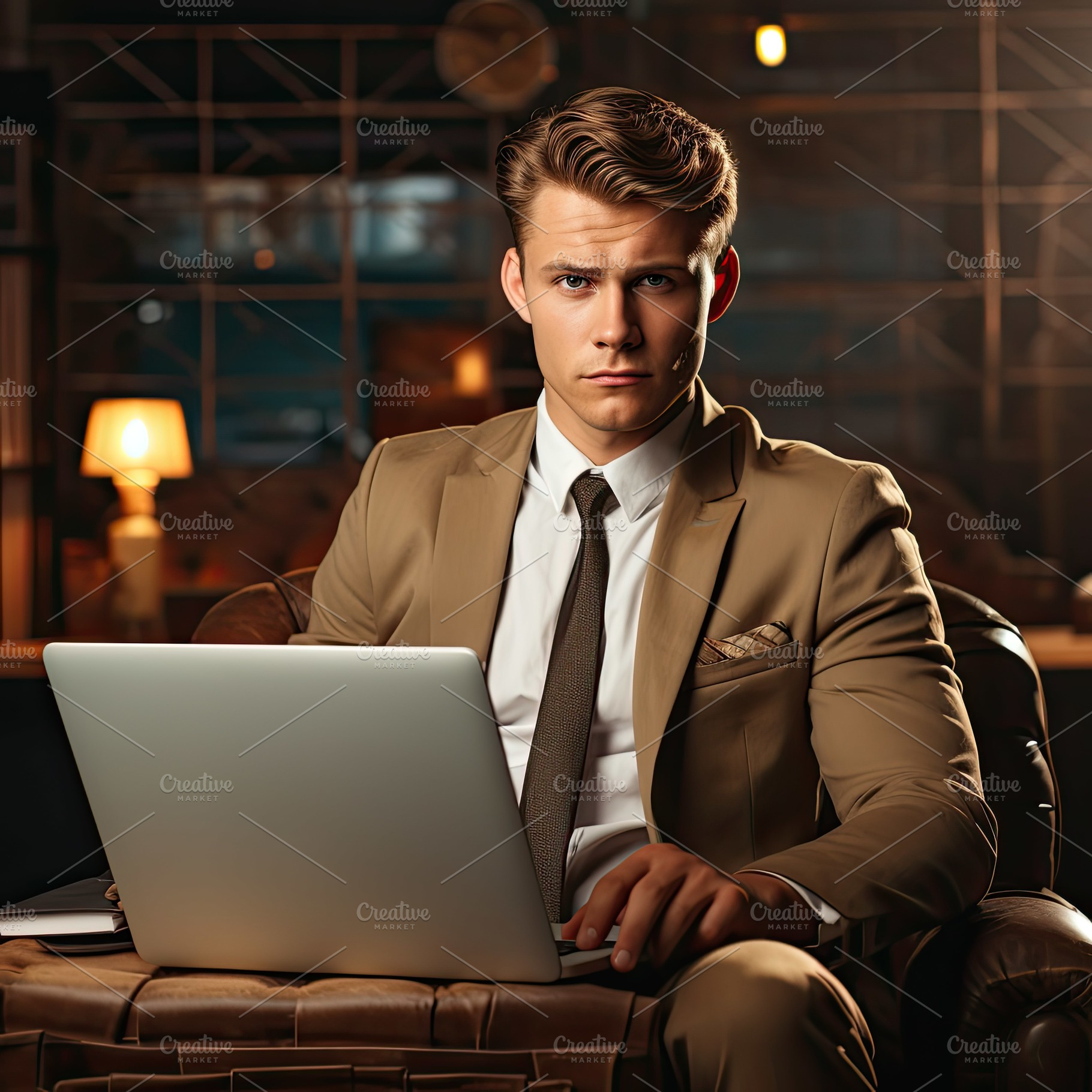 Young business man using laptop on o, a Photo by SaroStock