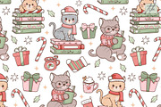 Cozy Christmas Cat Seamless Pattern, a Seasonal Illustration by TitaLivingArt (Thumbnail 1 of 9)