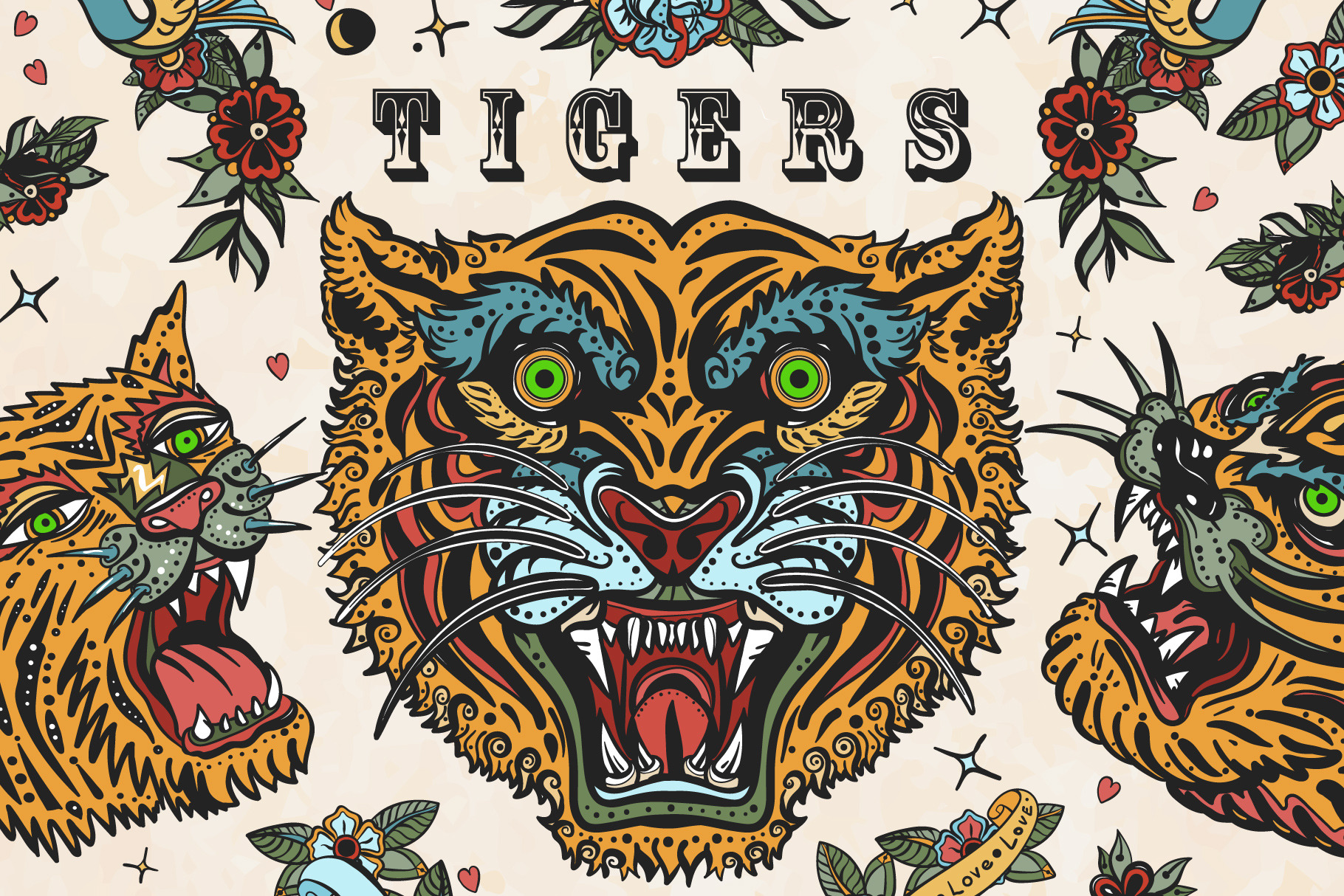 Tigers old school tattoo | Animal Illustrations ~ Creative Market