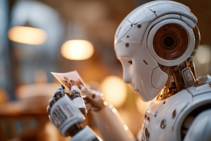 Robot examining an old photograph in a cozy, warm-lit space during the evening, a Technology Photo by AlyaAnd