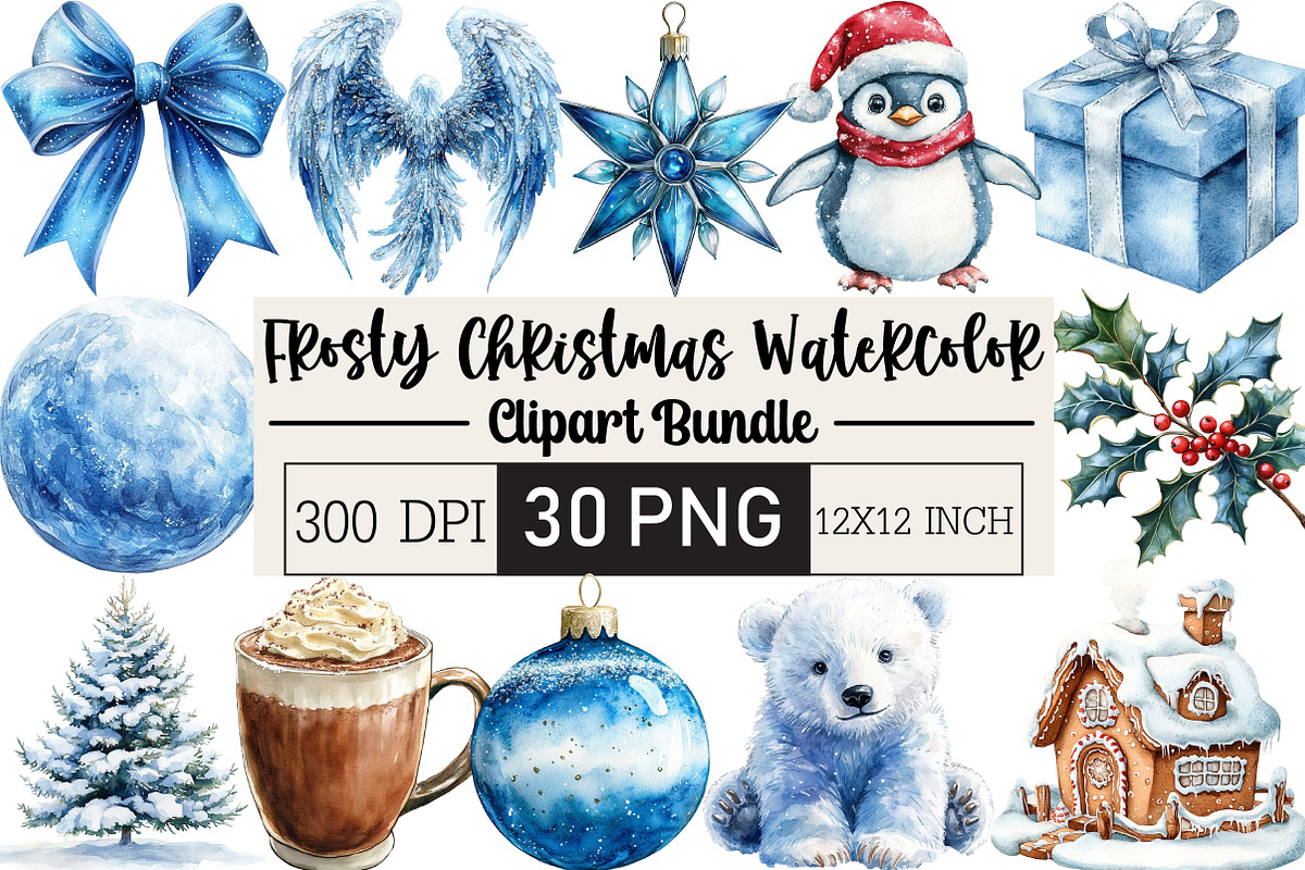 Frosty Christmas Watercolor Clipart, an Illustration by Black Bird Studio (Photo 1 of 6)