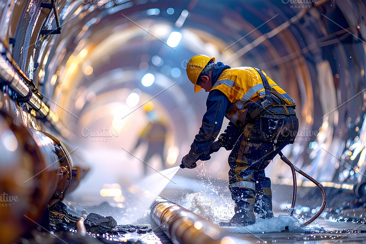 Plumbers repairing a burst industrial pipe in a dim underground, a Work Illustration by DanFLCreativo