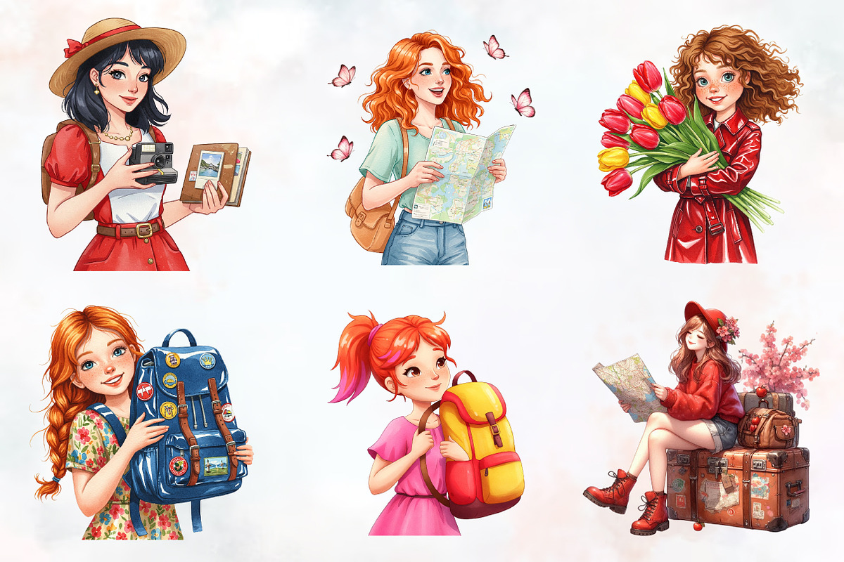 Red Spring Travel Watercolor Clipart, an Illustration by RobertsArt (Photo 3 of 8)