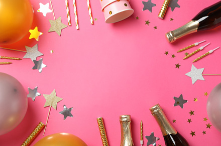 Composition with champagne and birthday accessories on pink back, a Holiday Photo by AtlasStudio PRO