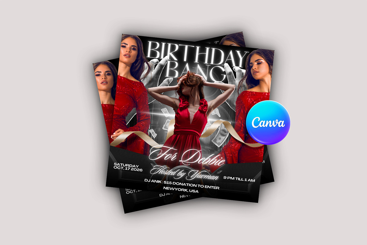 Glam Red Dress Birthday Bash Flyer, a Flyer Template by Posterfello (Photo 2 of 4)