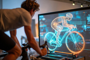Engaging in virtual cycling competition on a smart trainer with holographic gra, a Photo by AlyaAnd