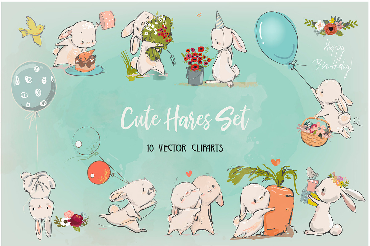 Cute Hares Set, an Animal Illustration by Eve Farb (Photo 1 of 3)