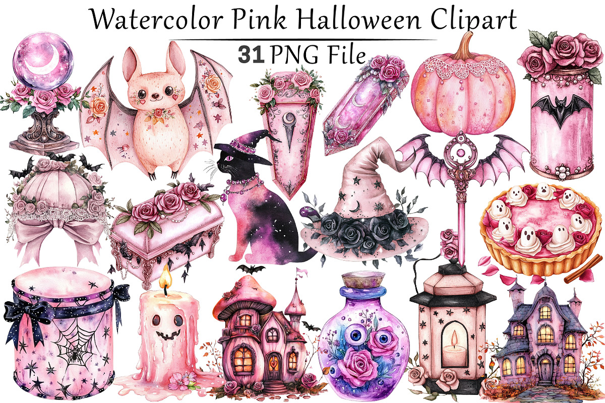 Watercolor Pink Halloween Clipart, a Seasonal Illustration by CitraGraphics (Photo 1 of 7)