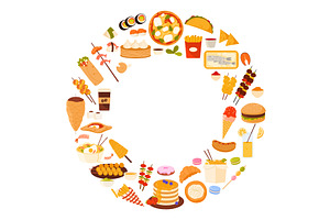 Circle of diverse foods sushi, pizza, a Food Illustration by Flashvector