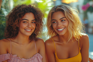 Two smiling young women with curly and wavy hair, radiating joy in a sunlit out, a Person Photo by ImageMir