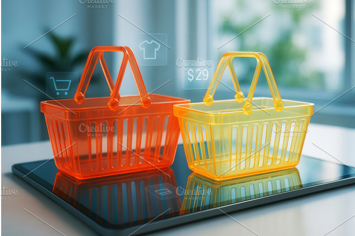 Transparent shopping baskets on a, a Technology Illustration by Sergey Kotenev