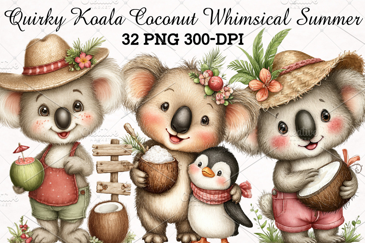 Quirky Koala Coconut Whimsical Summe, an Illustration by RobertsArt (Photo 1 of 5)