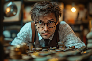 A focused young accountant man with glasses leans over a table filled with coin, a Person Photo by Textures & Backgrounds