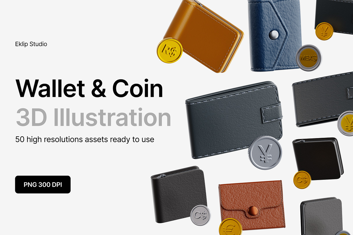 Wallet & Coin 3D Icon Set, an Object 3D Model by Eklip Studio (Photo 1 of 4)