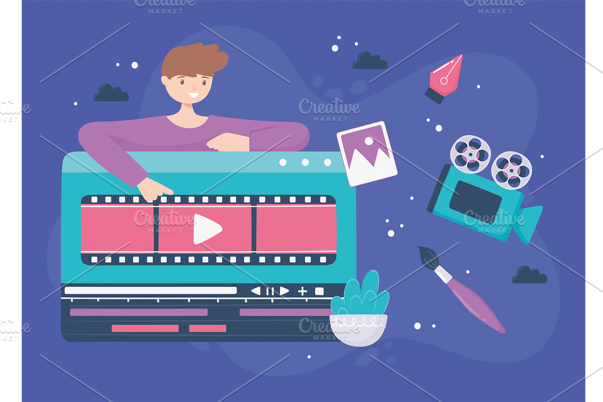 boy with video editing screen, an Object Illustration by studiogstock