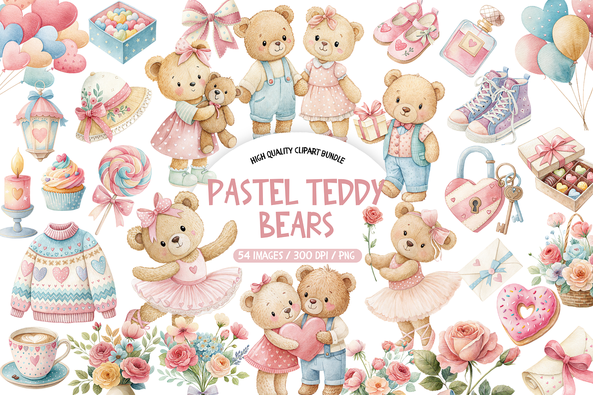 Pastel Teddy Bears Clipart Bundle, an Illustration by TatiMockup (Photo 1 of 6)