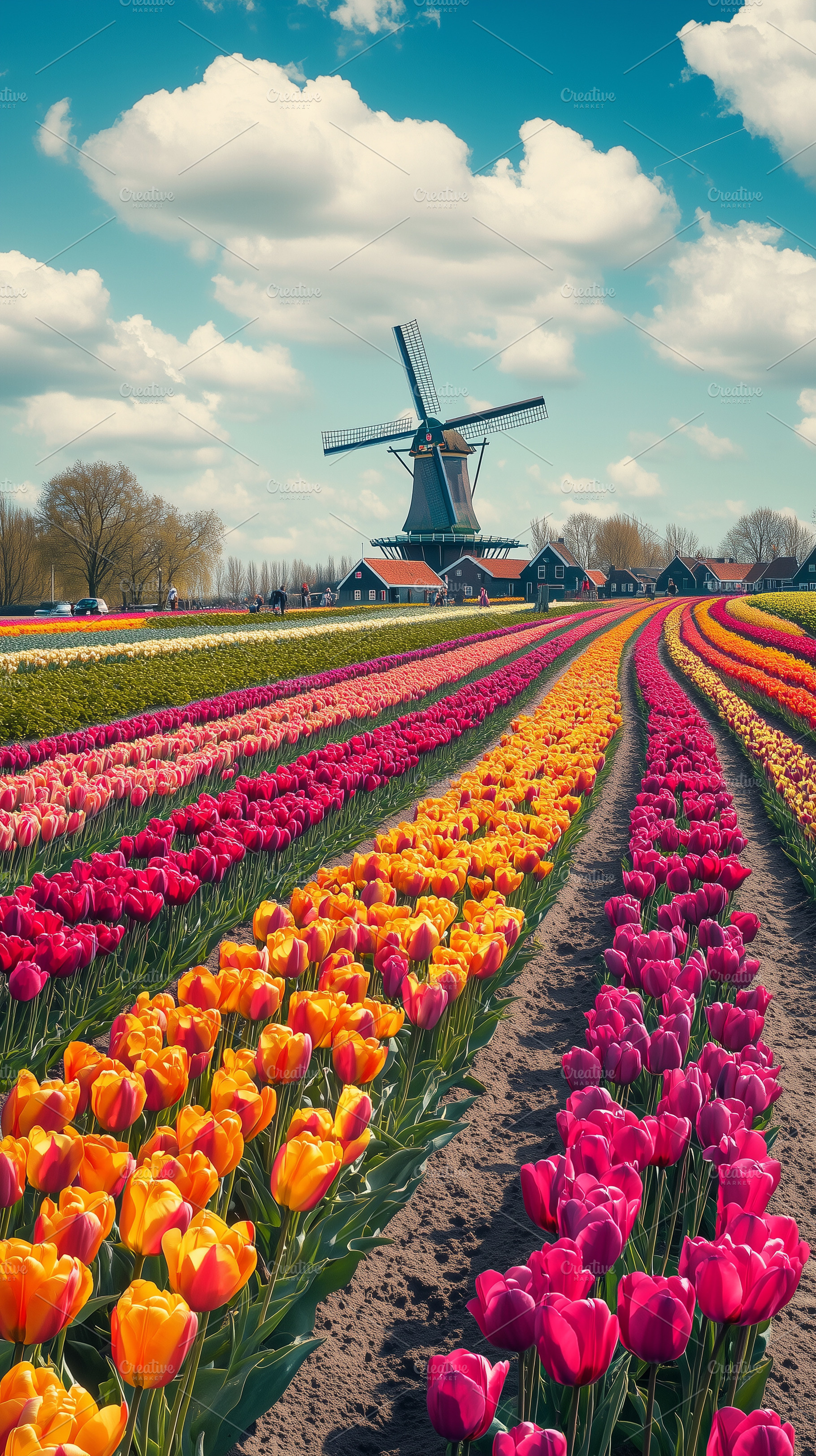 Colorful tulip field with dutch mill, a Nature Photo by MistyDay