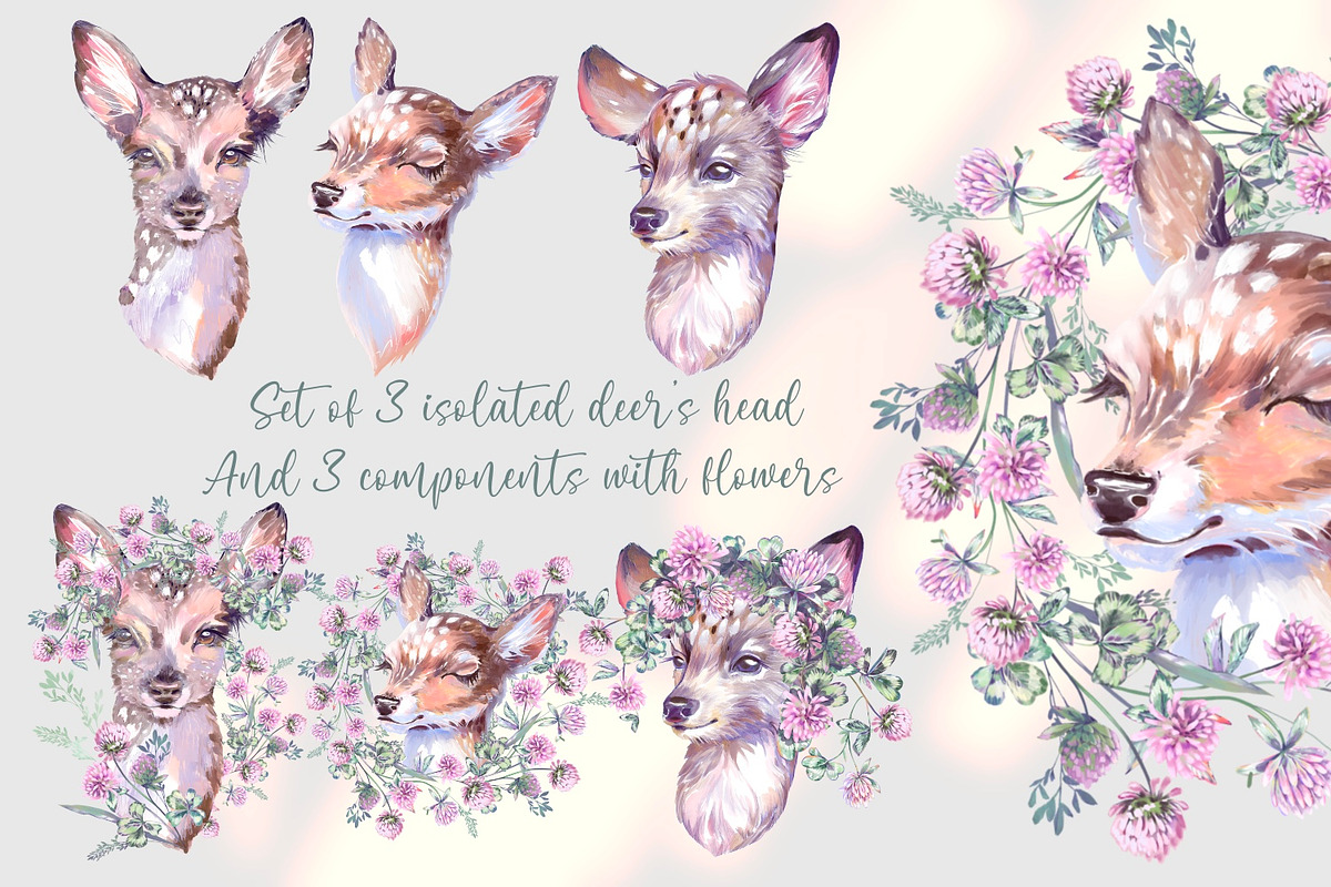 Deers and clover. Set of watercolor, a Decorative Illustration by Shabbypie (Photo 6 of 11)
