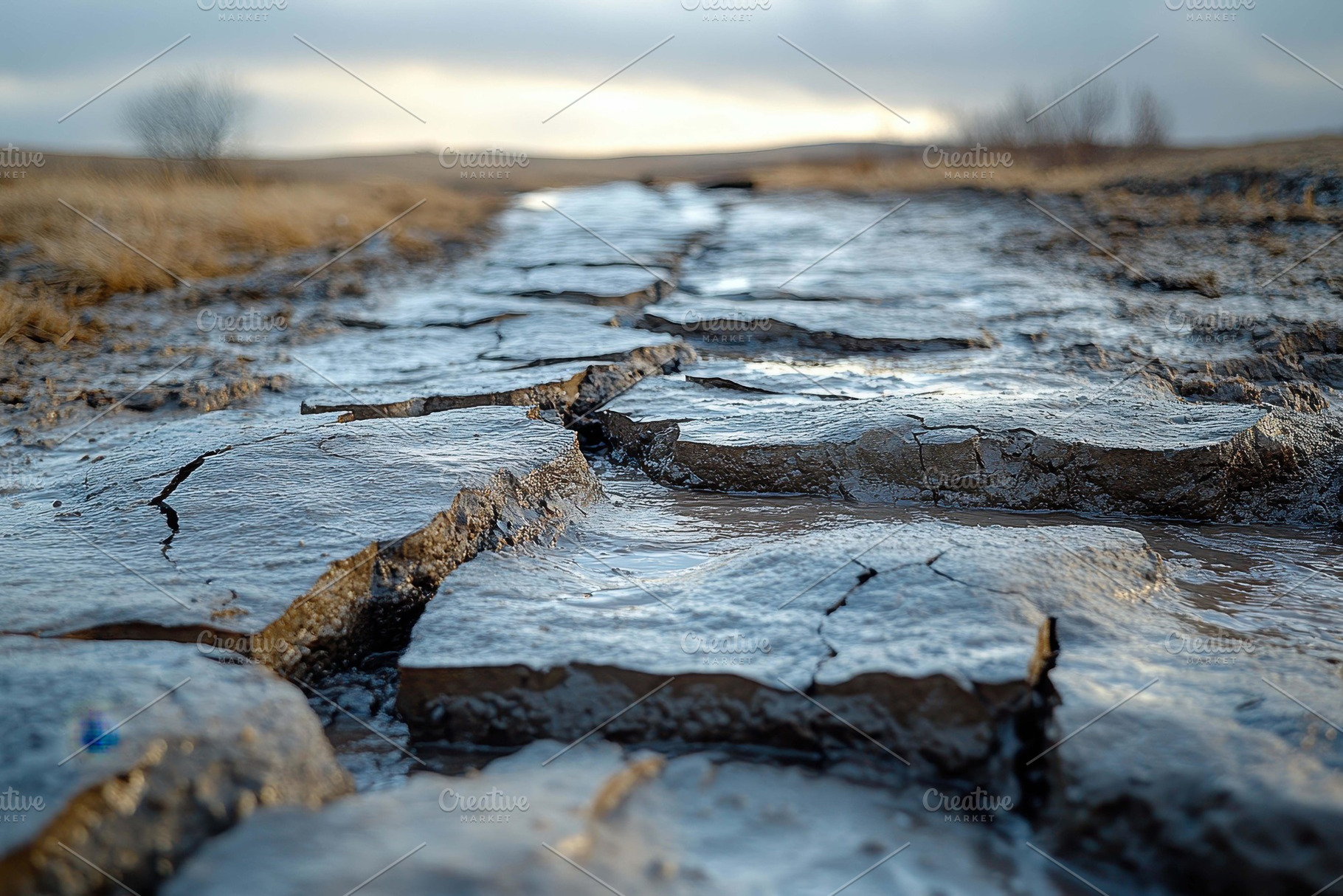 Cracked wet ground revealing a sceni, a Photo by Tanuart