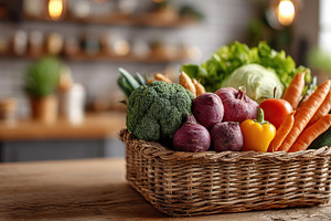 Fresh vegetables in a wicker basket, a Photo by Pixeness Studio