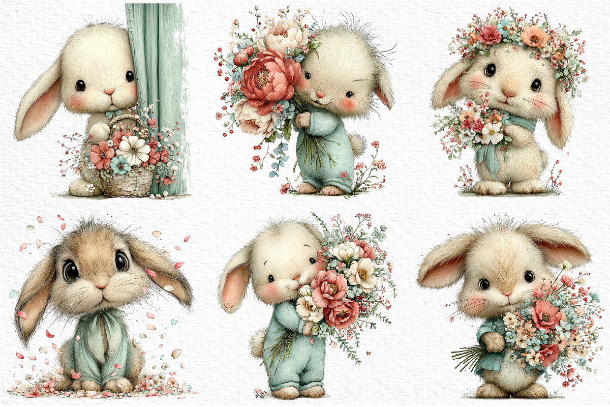 Bunny and Flowers Clipart PNG, an Illustration by Craft Nest (Photo 5 of 12)