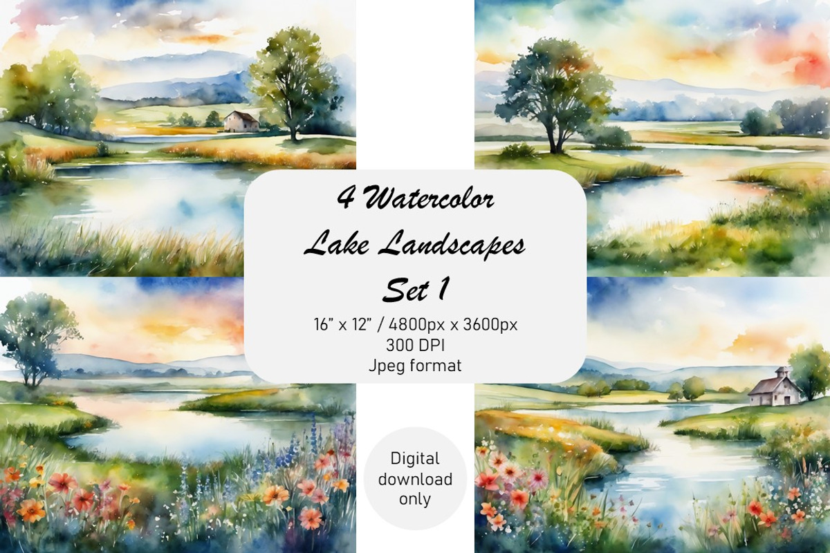 Watercolor Lake Landscapes Set 1, a Decorative Illustration by Kat's Artful Creations (Photo 1 of 10)