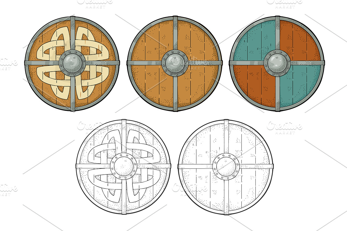 Set wood round shields with viking, an Object Illustration by MoreVector
