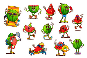 Cartoon retro groovy watermelon, a Food Illustration by Vector Tradition